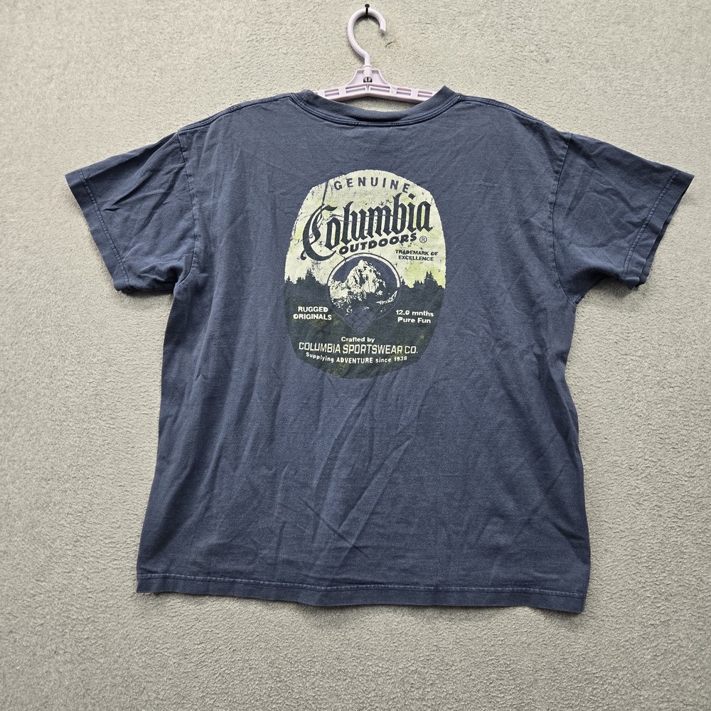Columbia Men Shirt L Blue Logo Mountains Short Sleeve